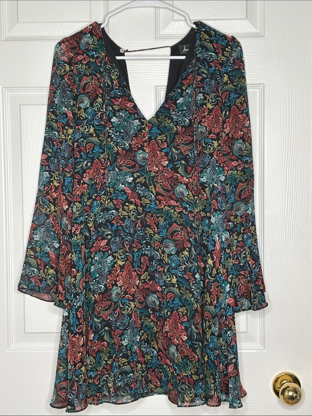 Sam Edelman Chiffon Boho Mini Dress Paisley Floral Bell Sleeve V-Neck Dress 2
